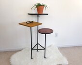 Vintage Plant Stand Three Tier Table Wood Iron - Mid Century Modern Scandinavian Rustic Industrial - Side Table Display Accent Loft Factory