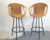 Vintage Swivel Bar Counter Stools Pair Rattan Wicker Metal Iron Mid-Century Modern Chairs Umanoff Eames Era Bent Wood California Boho