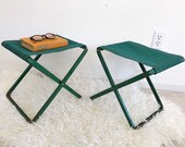 Pair of Little Vintage Folding Camping Stools - Dark Green - Metal Canvas - Mid Century Modern - Rustic - Industrial - Loft Decor Accent