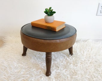 mid century modern dark vinyl ottoman foot stool wood legs bohemian foot rest side table mod rustic industrial decor - Leather Side Tables mid century modern dark vinyl ottoman foot stool wood legs bohemian foot rest side table mod rustic industrial decor - Leather Side Tables