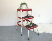Vintage Step Stool Retro Ladder Kitchen Step Stool Chair Red Cream Industrial Mid Century Modern Side Table Plant Stand Hygge Accent