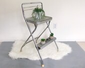Vintage Folding Step Stool Ladder Kitchen Step Stool Chair - Silver Chrome Industrial - Mid Century Modern Side Table Plant Stand Accent