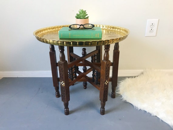 Vintage Folding Tray Coffee or End Table Lebanese Round Brass