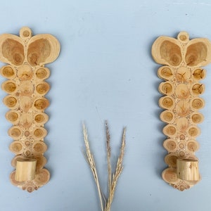 Unique Pair of Vintage Scandinavian Wooden Wall Sconce Candleholders | Handmade Finland Juniper | Mid-Century Natural Organic