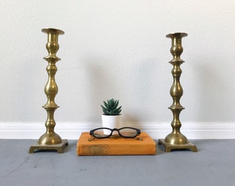 Pair of Vintage Brass Candle Holders | Mid-Century Classic Geometric Bohemian Style Candle Legs Candlestick Candleholders