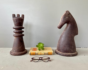 Antique Clay Chess Sculptures: Rustic Primitive Decor Pieces
