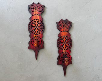 Pair of Vintage Scandinavian Wooden Wall Sconces | Carved Folk Art Candle Holder Handmade