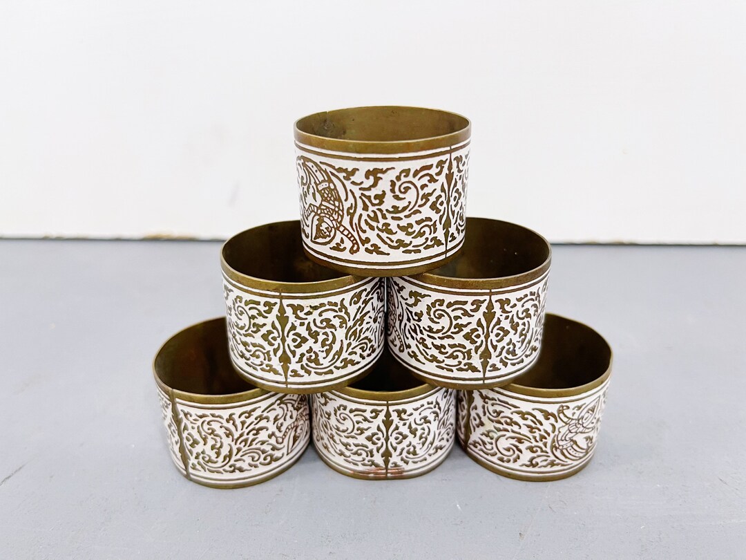 Vintage Metal Napkin Rings Set of Six Brass White Enamel Finish Mid