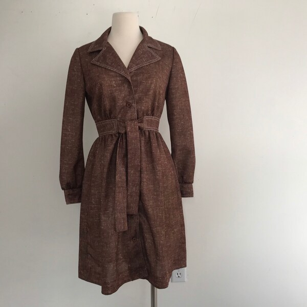 Vintage Brown Coat Shirt Dress | Mid-Century Classic Minimalist Spring Fall Women's Clothing Size Small 50s 60s 70s Retro