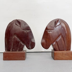 Vintage Pair of Hand Carved Wooden Art Deco Horse Head Bookends | Sculptures Statue  Mid-Century Modern