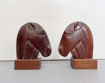 Vintage Hand Carved Wood Horse Head Bookends | Art Deco Equestrian Library Decor