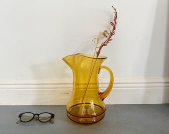Vintage Blenko Style Amber Glass Pitcher: Mid-Century Modern Handblown Jug