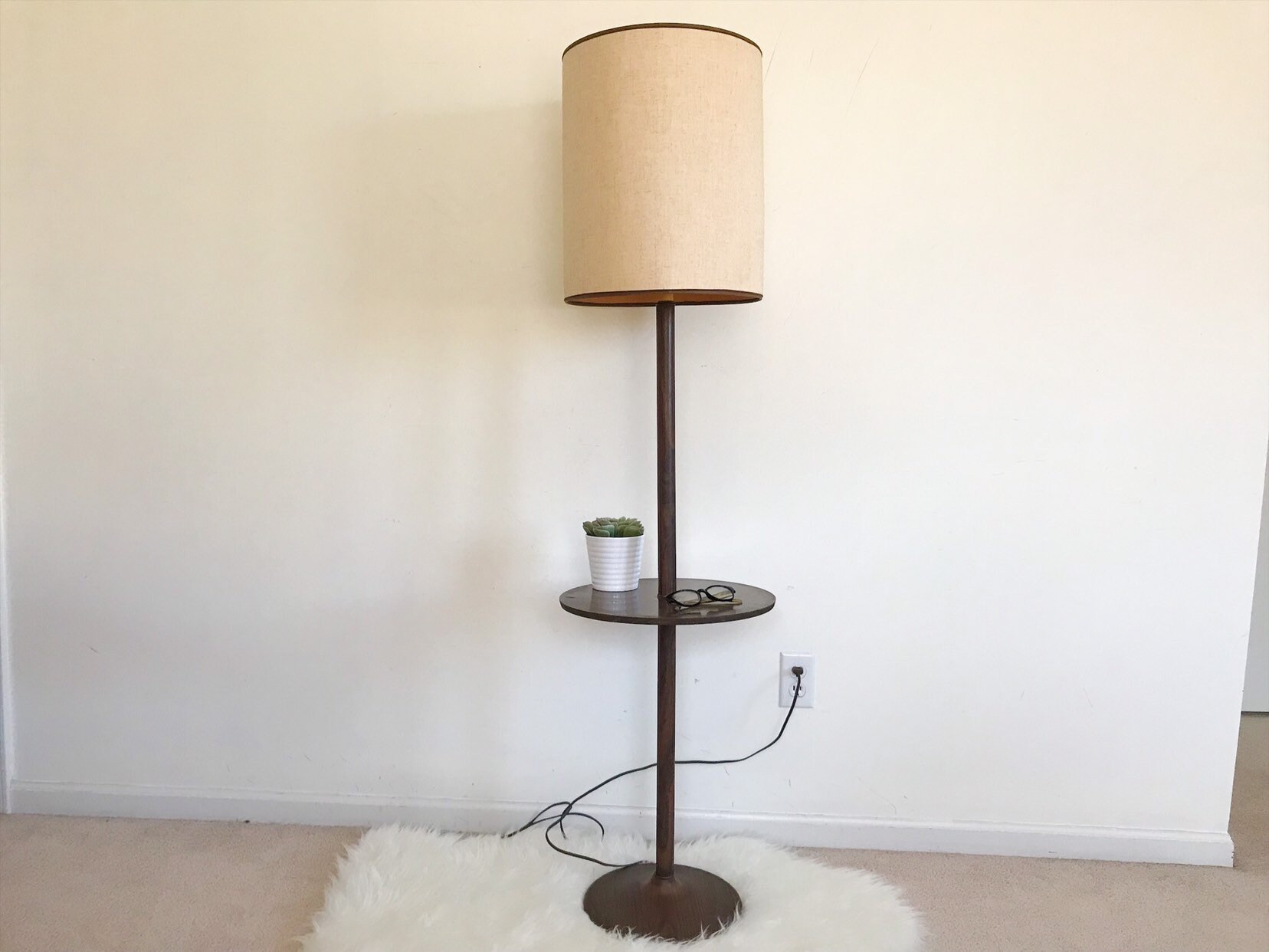 Mid Century Modern Side Table Floor Lamp With A Drum Shade Etsy