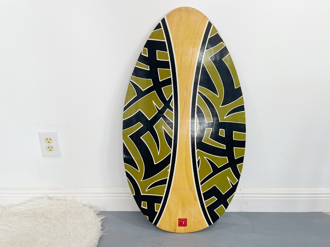 Vintage Skimboard Boogie Board Wood Olive Green Black Surf Mid Century