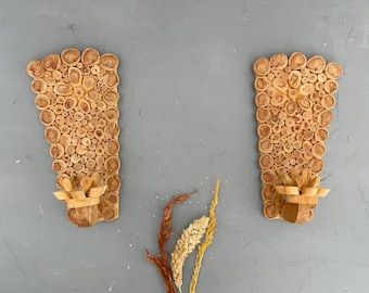 Vintage Scandinavian Wooden Wall Sconce Candleholders: Handmade Finland Juniper Pair