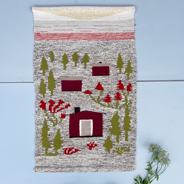 Large Vintage Scandinavian Weaving | Farm House Cottage Cabin Modern Wall Textile | Woven Wool  Finnish Tapestry Folk Art