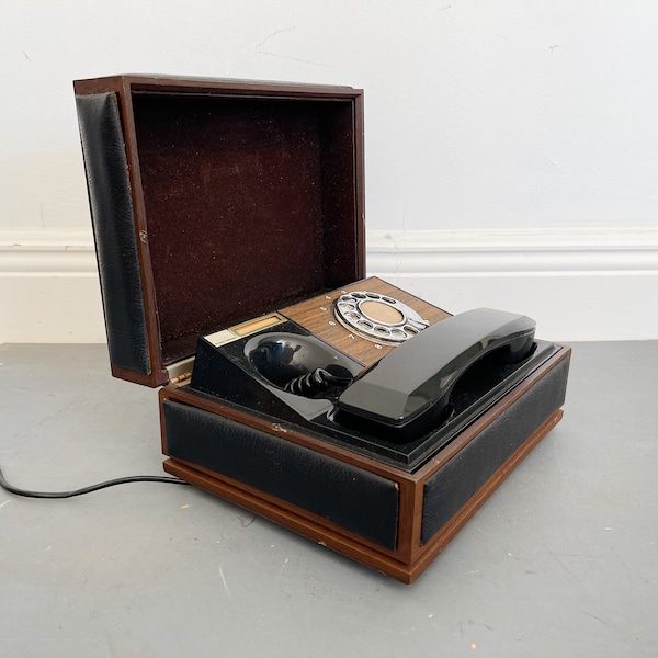 Vintage Deco Tel Executive Desktop Rotary Telephone | Decorative Wood Panel Leather Box | Retro Phone  Mid Century Modern Phone