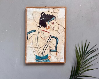 Vintage Hand Painted Reproduction of Greek Fresco of Ancient Theran Lady in Wooden Frame