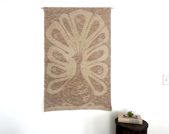 Vintage Scandinavian Peacock Wall Hanging: Woven Linen Textile Art