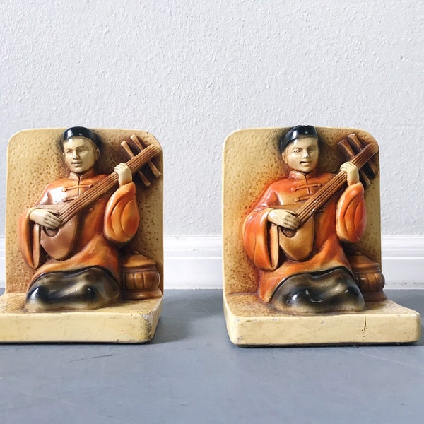 Vintage Pair of Chalkware Bookends | Mid-Century Chinese Musician Sculptures Statue Bookends 1940s