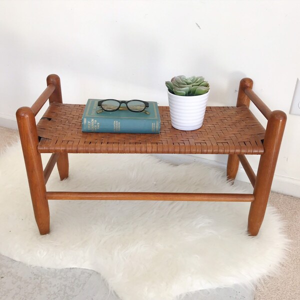 Vintage Mid Century Modern Rattan Wood Bench Ottoman Stool - Side Table - Plant Stand - Scandinavian - Organic - Denmark Modern Minimalist