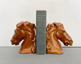 Vintage Ceramic Horse Head Bookends: Brown Art Deco Bookcase Decor