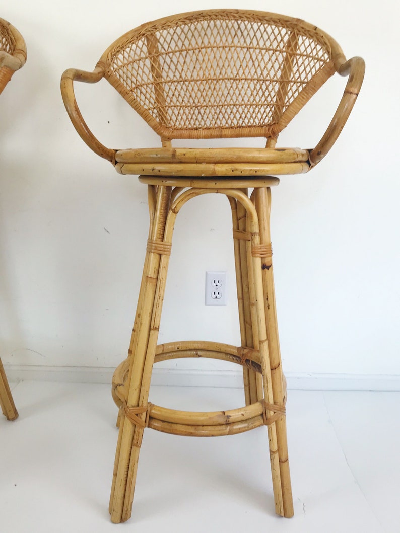 Vintage Swivel Bar Stools Bamboo Rattan Franco Albini Style Etsy