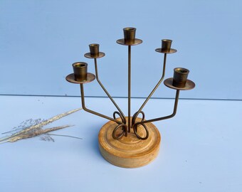 Vintage Nordic Wood and Copper Candelabra: Mid-Century Modern Table Decor