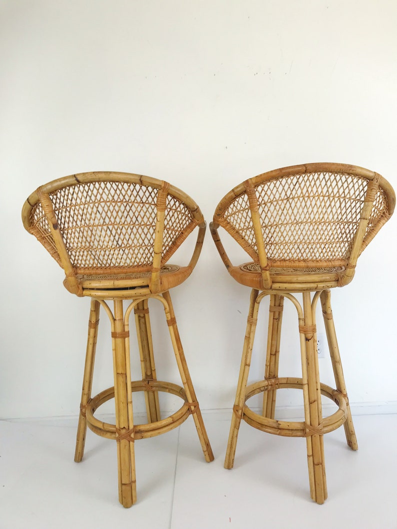 Vintage Swivel Bar Stools Bamboo Rattan Franco Albini Style Etsy