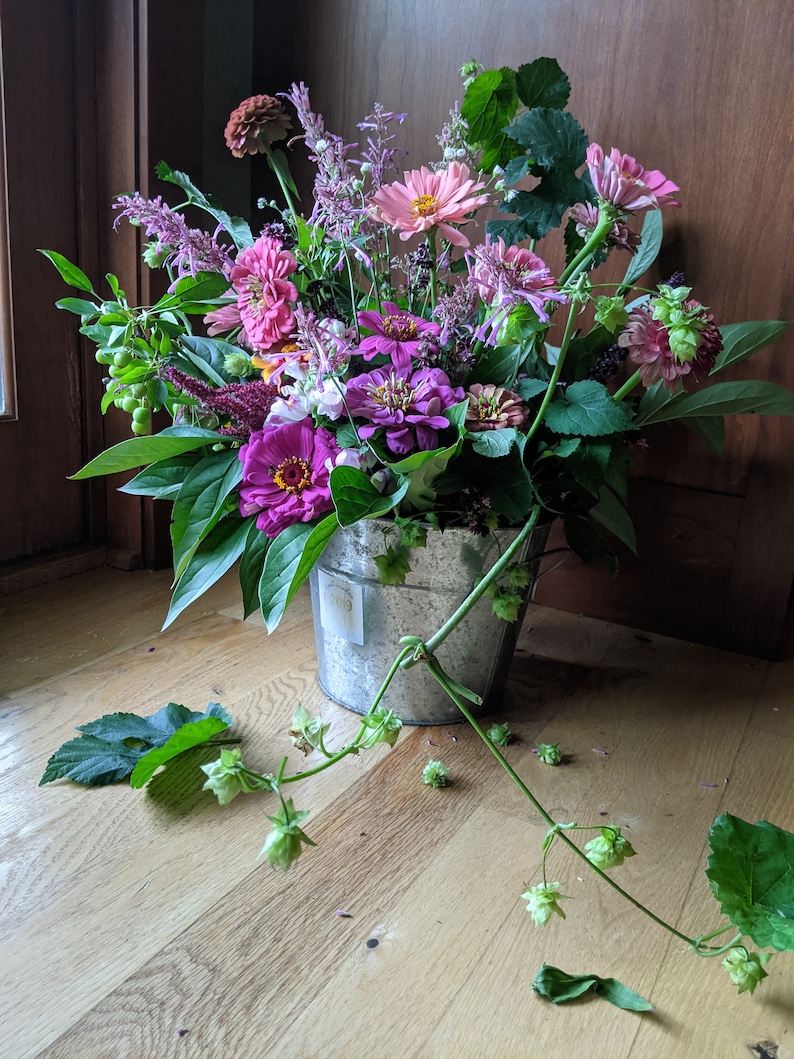 Puede incluir: Un ramo de flores rosas y moradas en un cubo de metal galvanizado. Las flores est&aacute;n dispuestas con hojas verdes y una vid con brotes verdes.