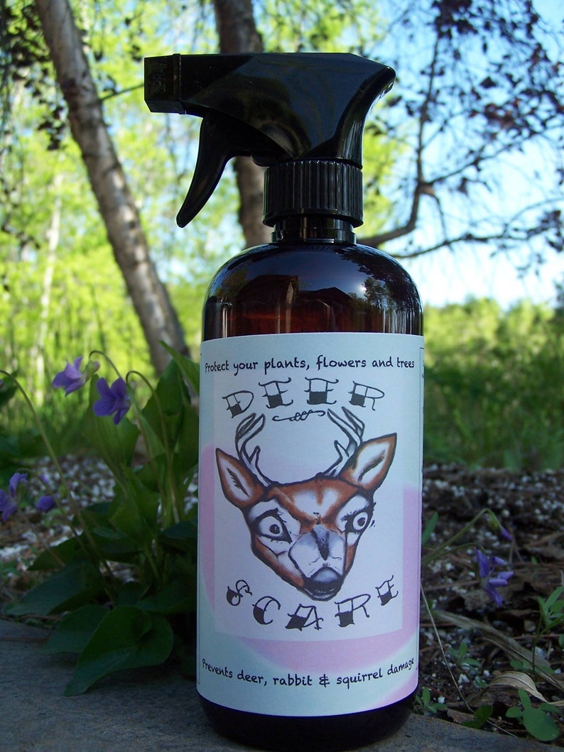 Puede incluir: Una botella de spray de vidrio marr&oacute;n con un pulverizador de gatillo negro. La etiqueta es rosa y blanca con un ciervo de dibujos animados y el texto "Proteja sus plantas, flores y &aacute;rboles Espantap&aacute;jaros de ciervos Previene da&ntilde;os por ciervos, conejos y ardillas".