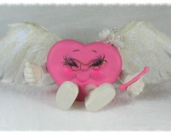 WINGED HEART/PINKValentinesHeart/FeatheredWings/Handmade/CeramicGift/UniqueHostessGift/WeddingShower/PartyFavor/FlyingHeart/Arrow/Love