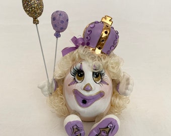 OOAK QUEEN CLOWN Figurine/ Purple and Gold/ Handmade Ceramic Keepsake/ Circus Clown/ Whimsical Funny Clown/Glitter Balloons/CakeTopper/Gift