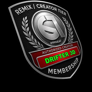 May include: A shield-shaped emblem with a black textured background and silver metallic border. It features the text REMIX | CREATOR TIER, a central circular logo with animul67, and a red banner reading AUTHORIZED CREATOR DRIFTER 3D.