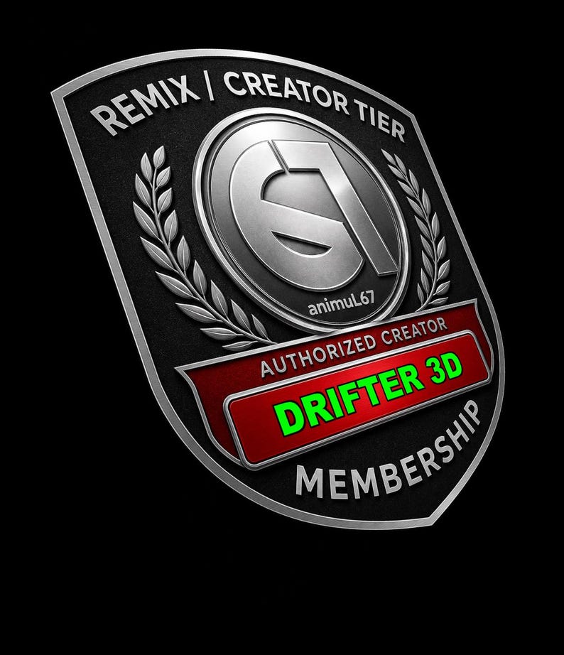 May include: A shield-shaped emblem with a black textured background and silver metallic border. It features the text REMIX | CREATOR TIER, a central circular logo with animul67, and a red banner reading AUTHORIZED CREATOR DRIFTER 3D.