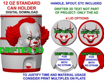 Evil Clown Horror 12 Oz Standard Size Can Holder With Lids