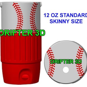 May include: A 12 oz standard skinny size beverage cooler featuring a white upper section with red baseball stitching patterns and a solid red ribbed lower base. The text DRIFTER 3D is visible. A top view shows a circular lid with matching baseball stitching.