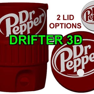 May include: A dark red Dr Pepper-branded tumbler with white logo and text. The image shows two lid options and the text "DRIFTER 3D". The tumbler has a cylindrical shape with a ridged grip section.