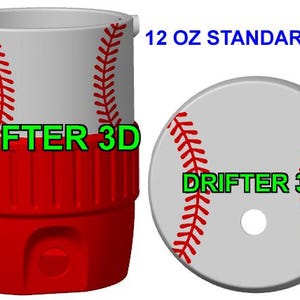 May include: A white and red baseball-themed beverage cooler for a 12 oz standard size can. The cylindrical cooler features red stitching patterns, the text DRIFTER 3D in green, and a matching circular lid with a central hole and red stitching.