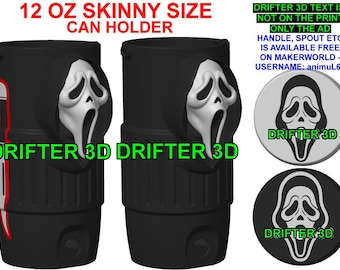 Ghostface Scream Theme 12 Oz Skinny Sized Can Holder with 2 lids