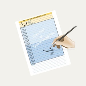 May include: A 911 dispatch daily plan with a blue and white grid for scheduling. The plan includes a section for name, date, and assignments. The text "Print PDF or Type in Word Doc" is superimposed on the grid.
