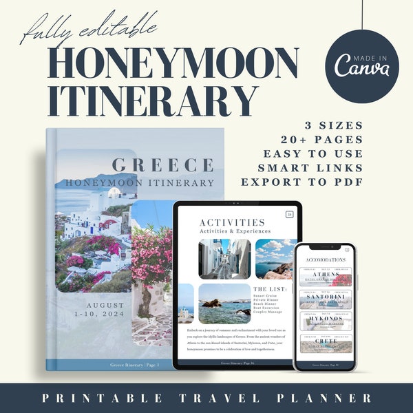 Honeymoon Trip Planner Template Travel Itinerary for Honeymoons Greece Trip Guide Mobile Itinerary Canva Template Printable Itinerary