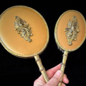 Vintage vanity brush set | Rare Hollywood Regency brush and mirror set by Globe
