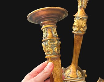 3 ornate vintage candle holders | wood hand carved candlesticks