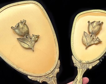 HOLLYWOOD REGENCY ormolu gold brush and mirror set "Rose" pattern by GLOBE | Vintage brush and mirror set