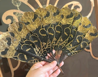 Rare ART DECO handheld fan | black and gold antique fan with gold detailing