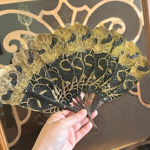 Rare ART DECO handheld fan | black and gold antique fan with gold detailing