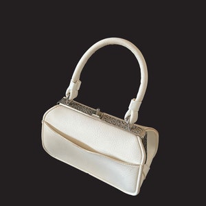 Vintage leather white bag, retro handmade purse with floral metallic trim