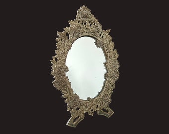 Antique floral table mirror  | Victorian Chrysanthemum makeup tabletop mirror