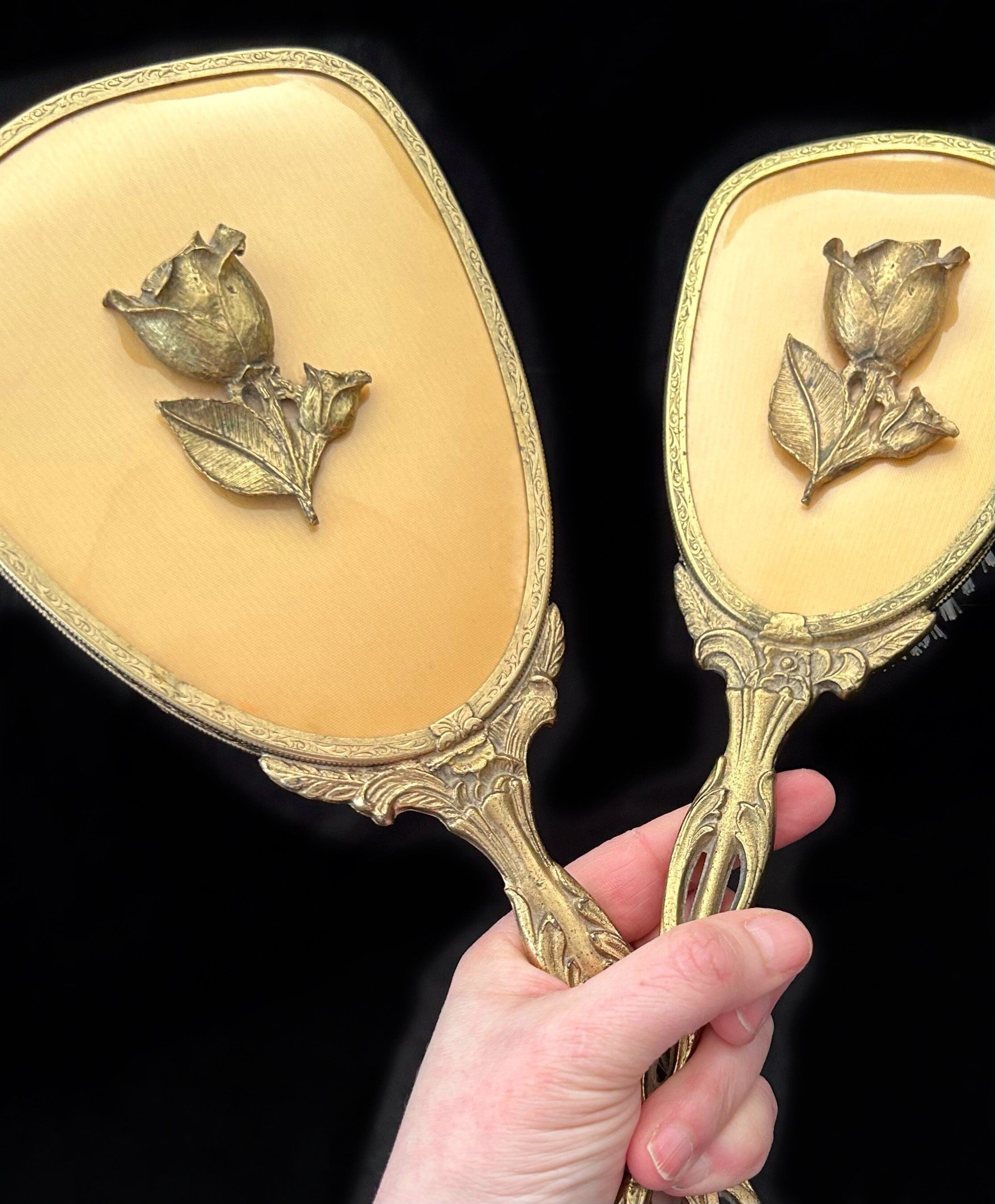 40s〜50s アメリカアンティークmatson　薔薇ゴールドバニティートレイ鏡 マトソン製 ゴールド ローズ オーバル バニティーミラートレー